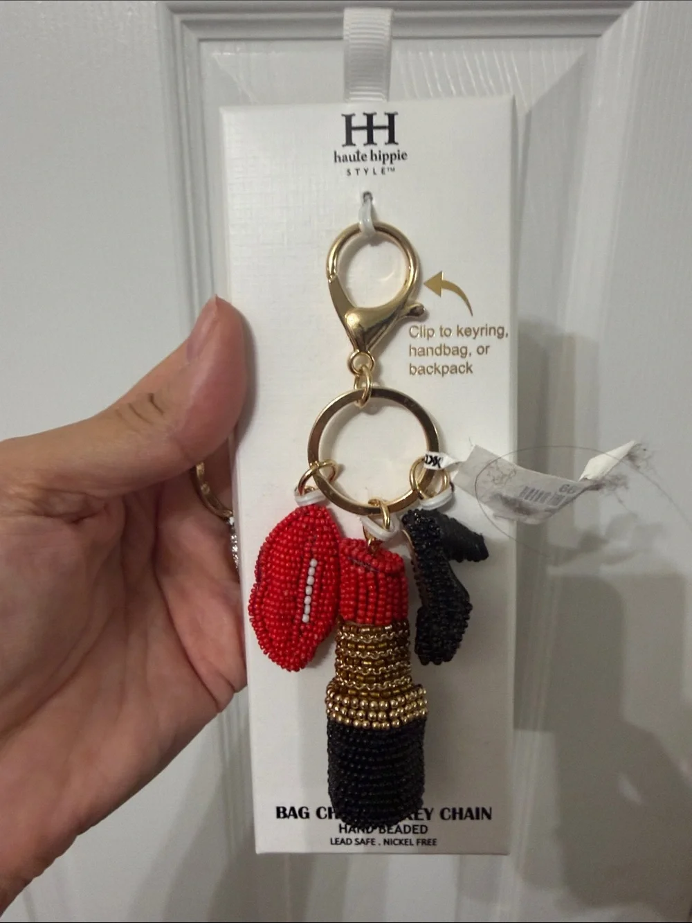 Haute Hippie Red & Black Beaded Lipstick and Lip Charm Keychain